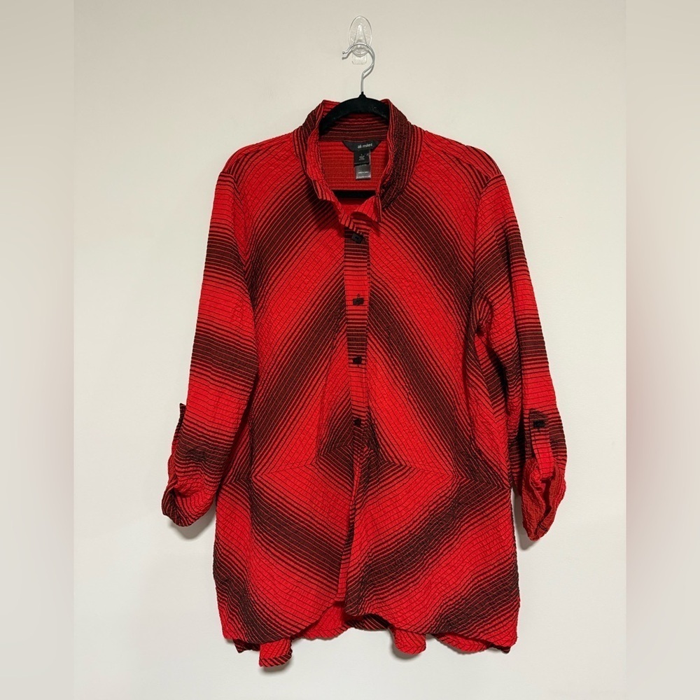 Ali Miles Red Black Textured Stripe Topper Jacket Size Large Lightweight Artsy